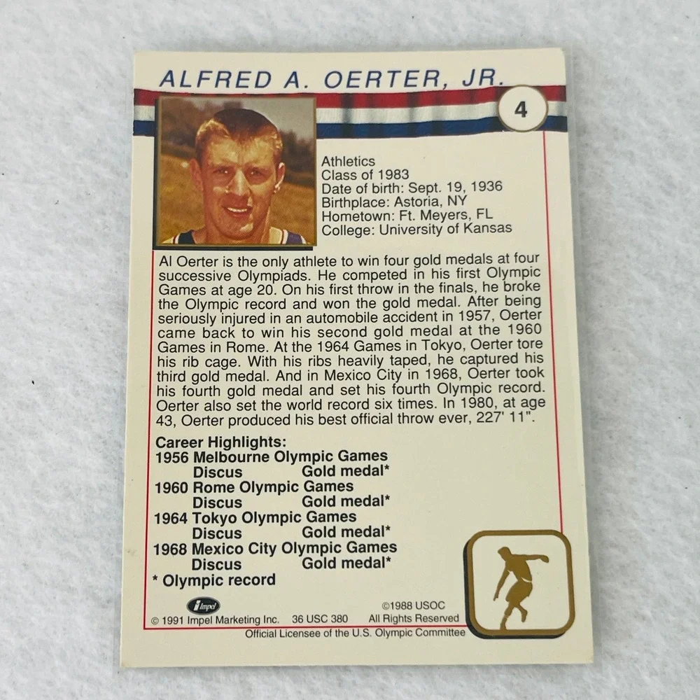 1991 Impel US Olympic Hall of Fame Al Oerter #4 Trading Card Athletics Discus